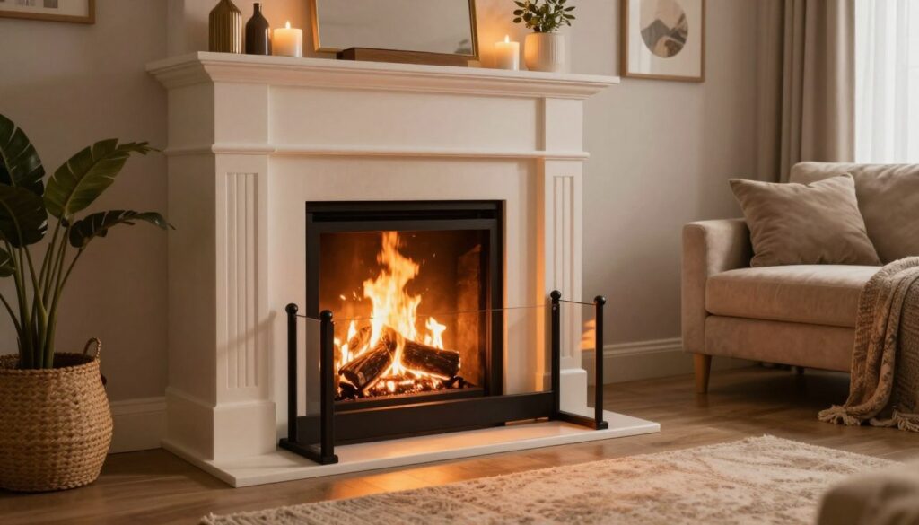 A cozy living room featuring a well-decorated fireplace, emphasizing safety measures. In the foreground, a stylish fire guard is displayed prominently, ensuring safety against sparks. The middle ground shows a tastefully arranged mantel, adorned with tasteful decor, such as candles and plants, while a fire burns securely in the fireplace, generating a warm glow. The background reveals a comfortable seating area, with plush sofas and a soft area rug, creating an inviting atmosphere. Soft, warm lighting enhances the inviting feel, with gentle shadows adding depth. The camera angle is at a slight elevation, capturing both the fireplace and its surroundings, evoking a sense of comfort and safety in a beautifully arranged living space.