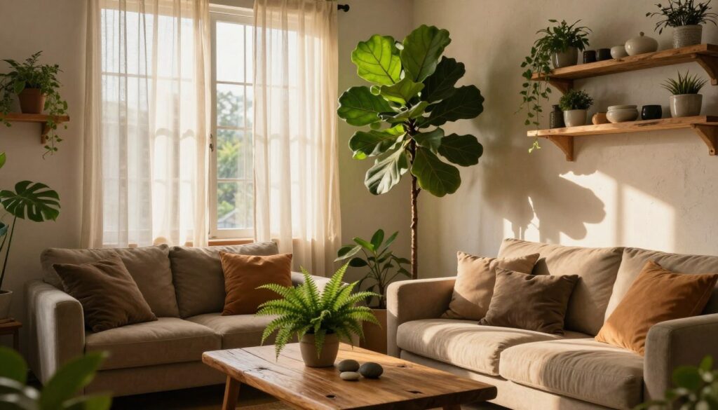 A cozy living room filled with natural materials and vibrant greenery. In the foreground, a plush sofa adorned with earthy-toned cushions sits next to a rustic wooden coffee table decorated with a small potted fern and a few smooth stones. The middle of the image showcases a large window with sheer, light-filtering curtains, allowing warm, golden sunlight to spill into the space, creating inviting shadows on the textured wall. A tall indoor plant, such as a fiddle leaf fig, stands majestically in the corner, adding height and life. In the background, subtle shelves made of reclaimed wood display more plants and handmade ceramics. The atmosphere is warm and inviting, designed to evoke a sense of comfort and tranquility, perfect for a design-focused article.