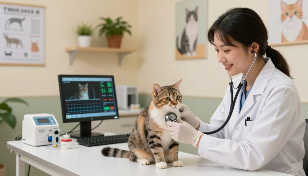 A cozy veterinary clinic setting with a focus on a healthy, curious cat sitting on an examination table. In the foreground, a veterinarian wearing a white coat and gloves examines the cat, using a stethoscope while smiling gently to create a reassuring atmosphere. The middle ground features various medical instruments, charts related to feline health, and a digital monitor displaying the cat's vital signs. The background shows soft lighting that creates a warm, inviting ambiance, with potted plants and cat artwork on the walls, suggesting a stress-free environment. The scene captures the essence of health diagnostics for cats, emphasizing care and professionalism.