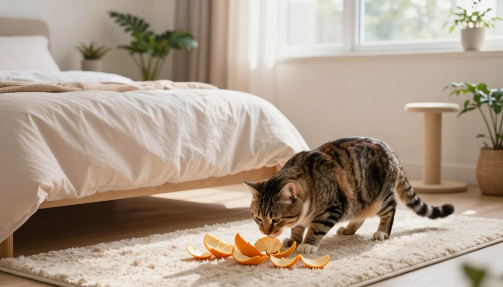 A cozy, well-lit bedroom featuring a neatly made bed with soft, pastel-colored bedding. In the foreground, a playful tabby cat is curiously sniffing a scatter of citrus-scented peels, a natural repellent, placed around a plush rug at the foot of the bed. In the middle ground, a calming, stylish room with a few potted plants and a scratching post subtly positioned near the bed, indicating cat-friendly alternatives. The background shows a window with soft, diffused sunlight creating a warm atmosphere. The scene conveys a peaceful vibe, emphasizing a homey, stress-free environment designed to discourage inappropriate behavior without punishing the cat. The image should focus on a harmonious coexistence between the pet and the home.