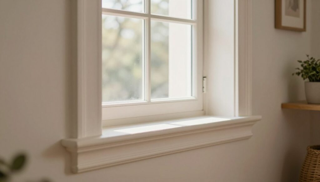 A cozy, well-lit interior showcasing an elegantly finished window reveal to protect against moisture. In the foreground, focus on the beautifully textured plasterwork around the window, featuring smooth lines and an appealing, modern design. In the middle, display the window itself, with natural light streaming in, highlighting the craftsmanship. Soft shadows play across the wall, creating a warm and inviting atmosphere. The background features subtle hints of the room’s decor, perhaps a potted plant or a minimalistic shelf, adding depth without distraction. Emphasize a clean and professional aesthetic, akin to quality home renovations. The overall mood should evoke serenity and sophistication, suggesting lasting protection and aesthetic appeal.