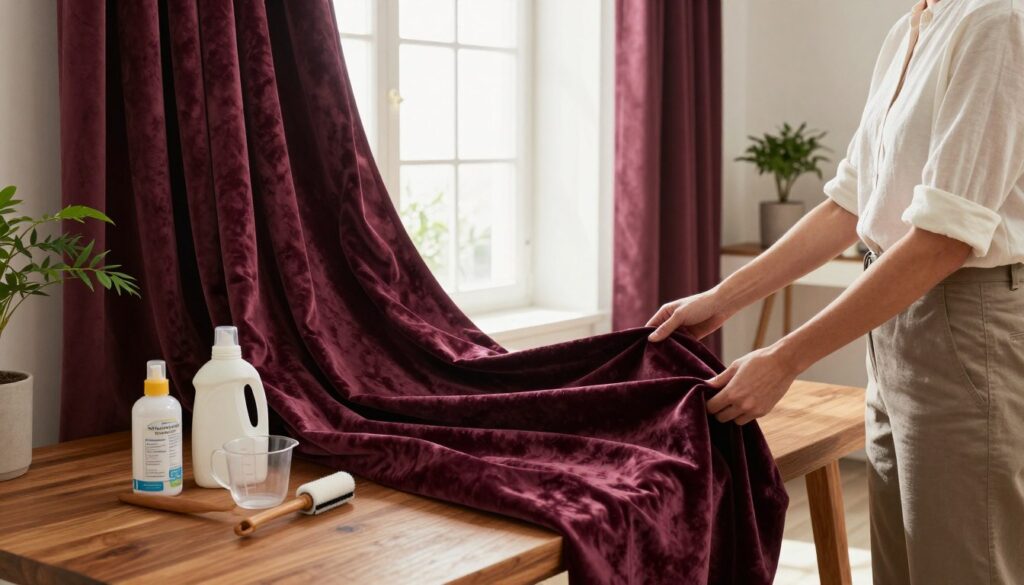 A cozy, well-lit living room featuring a person in simple, professional attire carefully preparing lush velvet curtains for cleaning. In the foreground, the person is gently folding the rich curtains, showcasing their deep color and luxurious texture. In the middle, a sturdy wooden table holds a fabric care kit, including a gentle detergent, a measuring cup, and a lint roller. In the background, a bright window allows soft natural light to stream in, creating a warm, inviting atmosphere. The decor includes potted plants and neutral-toned walls, exuding an elegant and calming mood, emphasizing the care involved in maintaining the beauty of velvet curtains. The angle captures the entire scene in a balanced composition, inviting the viewer into the space.