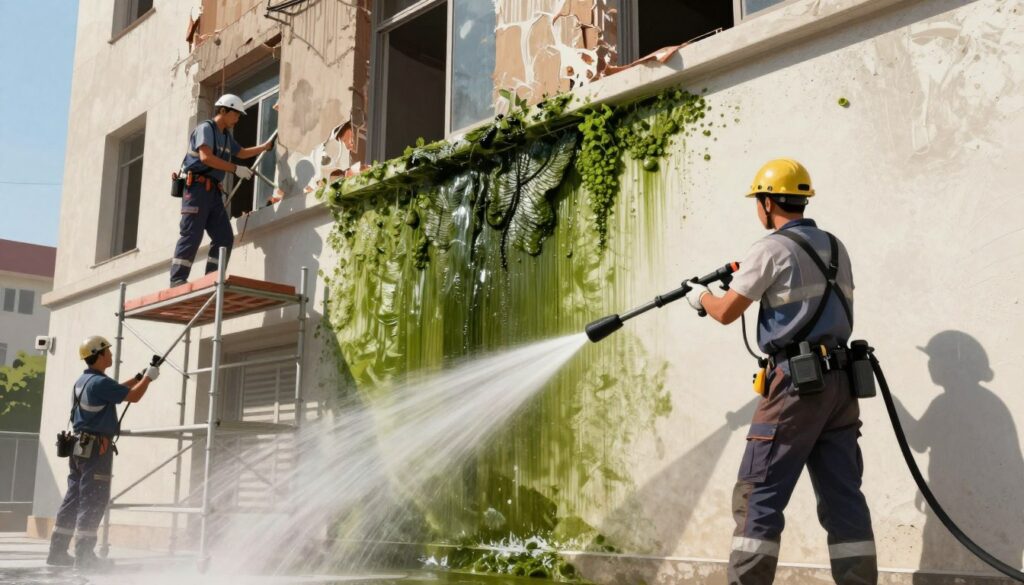 A detail-rich illustration showing a professional crew using mechanical methods to clean a building facade. In the foreground, depict a worker in professional attire operating a pressure washer, spraying high-pressure water onto a section of the wall covered in green algae. In the middle ground, show scaffolding with additional team members inspecting tools like scrapers and brushes, prepared for mechanical cleaning. The background features a partially cleaned building, showcasing the contrast between the dirty and clean areas of the facade. The lighting is bright and clear, suggesting a sunny day, with sunlight emphasizing the textures of the wall and the gleaming water from the pressure washer. The overall atmosphere is one of diligence and efficiency in building maintenance.