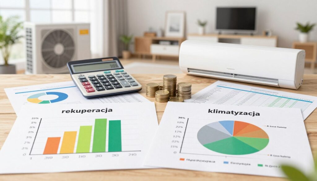 A detailed and informative comparison of investment and operational costs between heat recovery systems and air conditioning units. In the foreground, display two professional-looking graphs or charts, one representing the cost breakdown of rekuperacja (heat recovery) and the other for klimatyzacja (air conditioning), with vibrant colors for clarity. In the middle, place a calculator, a stack of coins, and a sheet of financial analysis, symbolizing the financial aspect of the decision. The background should feature a modern home, subtly illustrated to suggest energy efficiency and comfort. Soft, natural lighting should create an inviting atmosphere, showcasing a tech-savvy environment. The overall mood should be analytical yet approachable, catering to a professional audience.