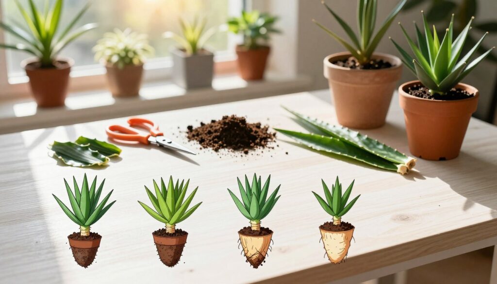 A detailed and instructional image depicting the process of propagating a yucca plant using various methods. In the foreground, showcase several techniques such as leaf cuttings and offsets being illustrated with labeled diagrams, each plant section meticulously detailed. The middle ground should feature a table with gardening tools like scissors, soil, and pots, with a few freshly cut yucca leaves resting beside them. The background includes a sunlit window with potted yucca plants thriving, illuminating the environment with a warm glow. The atmosphere is nurturing and educational, evoking a sense of growth and care, with soft natural light streaming in and casting gentle shadows. The angle is slightly above the table, offering a clear view of the propagation techniques while maintaining a balanced composition. A detailed and instructional image depicting the process of propagating a yucca plant using various methods. In the foreground, showcase several techniques such as leaf cuttings and offsets being illustrated with labeled diagrams, each plant section meticulously detailed. The middle ground should feature a table with gardening tools like scissors, soil, and pots, with a few freshly cut yucca leaves resting beside them. The background includes a sunlit window with potted yucca plants thriving, illuminating the environment with a warm glow. The atmosphere is nurturing and educational, evoking a sense of growth and care, with soft natural light streaming in and casting gentle shadows. The angle is slightly above the table, offering a clear view of the propagation techniques while maintaining a balanced composition.