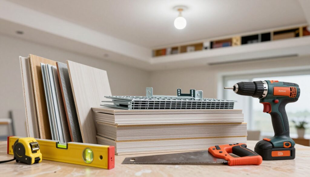 A detailed and organized workspace featuring essential tools and materials for constructing a suspended ceiling in a living room. In the foreground, showcase a variety of tools like a measuring tape, level, hand saw, and a power drill neatly arranged on a workbench. In the middle, display a stack of ceiling panels, metal grid systems, and mounting brackets, emphasizing their textures and colors. The background should include a partially installed suspended ceiling, with exposed fixtures and a bright overhead light illuminating the area, creating a professional atmosphere. Use a slightly angled lens to enhance depth, and aim for a clean, well-lit environment that conveys a sense of organization and readiness for a construction project.