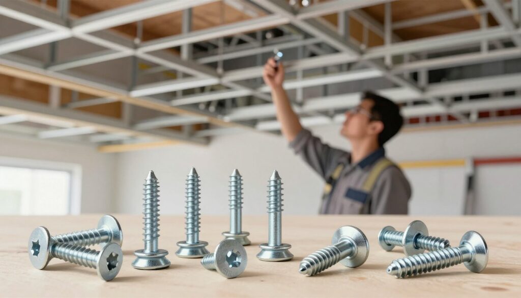 A detailed and technical illustration of suspended ceiling anchoring systems, focusing on the load-bearing capacity of ceiling anchors. In the foreground, showcase various types of ceiling anchors, such as toggle bolts and expansion anchors, meticulously arranged on a workbench. The middle ground features a professional technician in modest casual clothing inspecting a ceiling grid structure, emphasizing safety and precision. The background displays a partially assembled suspended ceiling with visible structural elements, bathed in soft, diffused lighting to create an informative and focused atmosphere. Use a slightly elevated perspective, capturing the anchors close-up while maintaining context of the ceiling installation. This composition emphasizes the importance of load-bearing capacity and safety margins in construction.