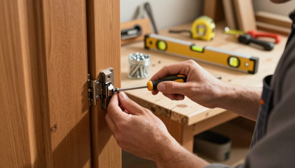A detailed, close-up image of a professional equipped with essential tools for adjusting door hinges. The foreground focuses on a person in modest clothing, using a screwdriver to adjust a hinge on a wooden door. Their hands are dexterous, showcasing the action of tightening screws. The middle ground features an array of tools such as a level, tape measure, and a small jar of screws neatly organized on a workbench. The background presents a softly lit workshop, emphasizing warm wood tones and rustic details, creating a focused, industrious atmosphere. Use natural lighting to cast gentle shadows, enhancing depth. The lens should capture sharp details, with a slight depth of field to make the subject stand out in this practical setting.