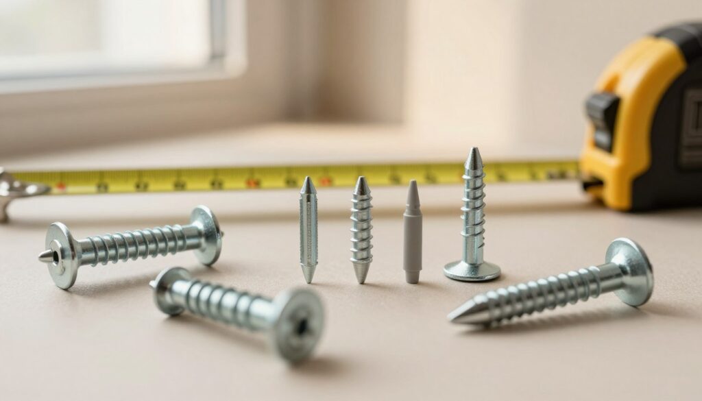 A detailed close-up image of ceiling anchors for suspended ceilings, showcasing various types and sizes of anchors arranged on a soft, neutral background. The foreground features metallic and plastic anchors, each highlighting their distinct designs—some with ribs for grip, others with specialized tips for different materials. In the middle ground, a measuring tape and wall bracket illustrate the installation process, and behind them, light filtering in from a window casts gentle shadows, creating an organized workspace ambiance. The lighting is warm and soft, evoking a sense of professionalism and attention to detail, making it suitable for an informative article.