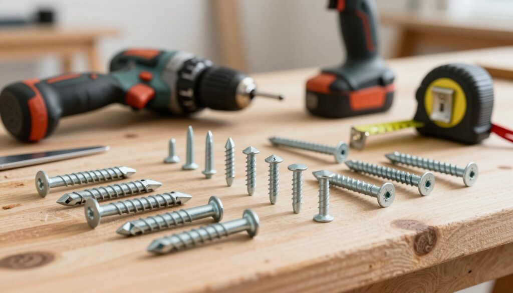 A detailed close-up of multiple types of expansion anchors (kołki rozporowe) arranged neatly on a wooden workbench. The foreground features a selection of various sizes and designs of the anchors, showcasing their unique shapes and materials, reflecting their use in wall and ceiling installations for drywall systems. In the middle ground, tools like a drill and a tape measure are positioned, providing context for their application. The background is softly blurred, depicting a workshop setting with warm, natural lighting enhancing the professional atmosphere. The image should be sharp and clear, taken from a slightly elevated angle to showcase the details of the anchors while maintaining a clean and organized appearance. The mood is informative and practical, emphasizing technical attributes.
