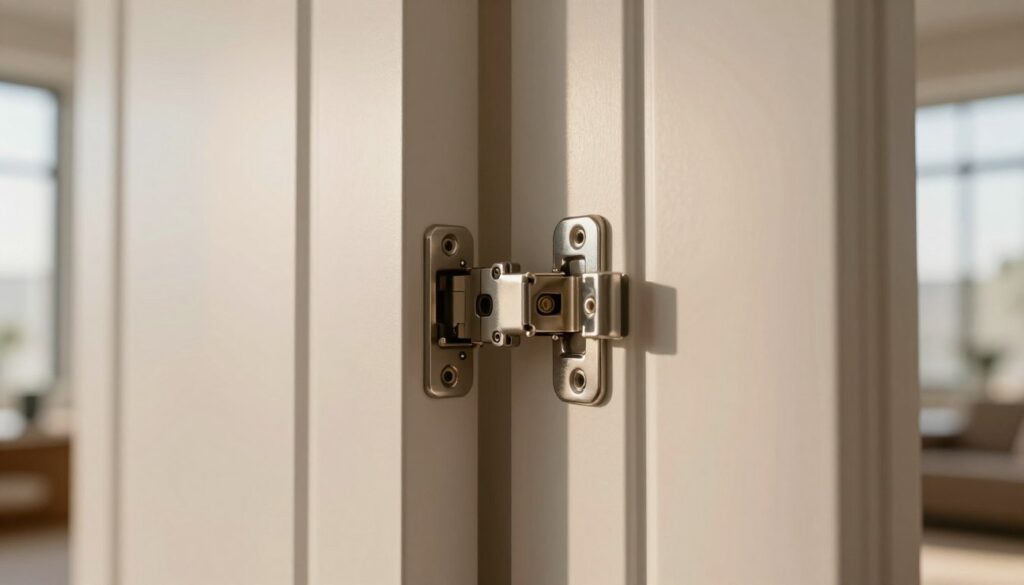 A detailed close-up view of 3D hinges mounted on a modern, seamless, flush door design. The foreground features the newly installed hinges, showcasing their intricate mechanics and polished metal finish, reflecting light softly. In the middle ground, the door is slightly ajar, highlighting the hinge's function and alignment. The background includes a softly blurred interior space with neutral-colored walls, enhancing the focus on the hinges and door. The lighting is warm and natural, simulating sunlight from a nearby window, creating a welcoming atmosphere. Capture the image from a slight low angle to emphasize the door's height and the precision of the hinge installation, reflecting craftsmanship and attention to detail.