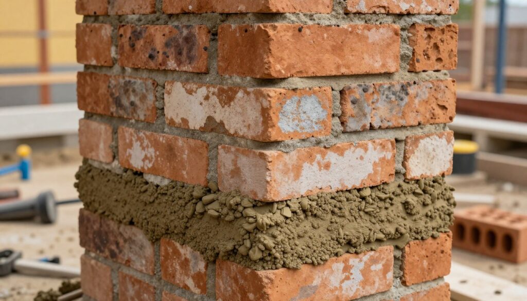 A detailed, close-up view of a brick chimney under construction, showcasing mortar mixed with natural pozzolanic additives such as trass. In the foreground, focus on the textured surface of the mortar, emphasizing its rich, earthy tones and granules. The middle section features neatly stacked bricks, highlighting their varied colors and arrangements, with a few bricks showcasing subtle efflorescence, illustrating the importance of using trass in preventing this issue. In the background, a soft-focus view of a construction site with tools and building materials, under warm, diffused daylight that brings out the richness of the colors. The mood is professional and focused, capturing the essence of craftsmanship and quality in masonry work, with no people present in the scene.