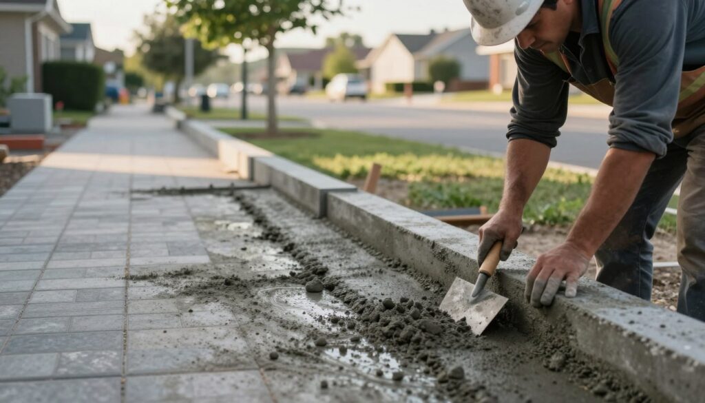 A detailed construction scene depicting the process of laying a concrete edge for a sidewalk. In the foreground, a laborer in a hard hat and safety gear is carefully leveling fresh concrete with a trowel, showcasing attention to detail. In the middle ground, partially set concrete forms line the edge of a paved walkway, illustrating the importance of proper concrete mix and technique. In the background, a suburban landscape with trees and houses provides context, while soft afternoon sunlight casts gentle shadows, enhancing the textures of the wet concrete. The mood is industrious yet calm, capturing the meticulous nature of construction work and the significance of avoiding common mistakes in concrete preparation and installation.