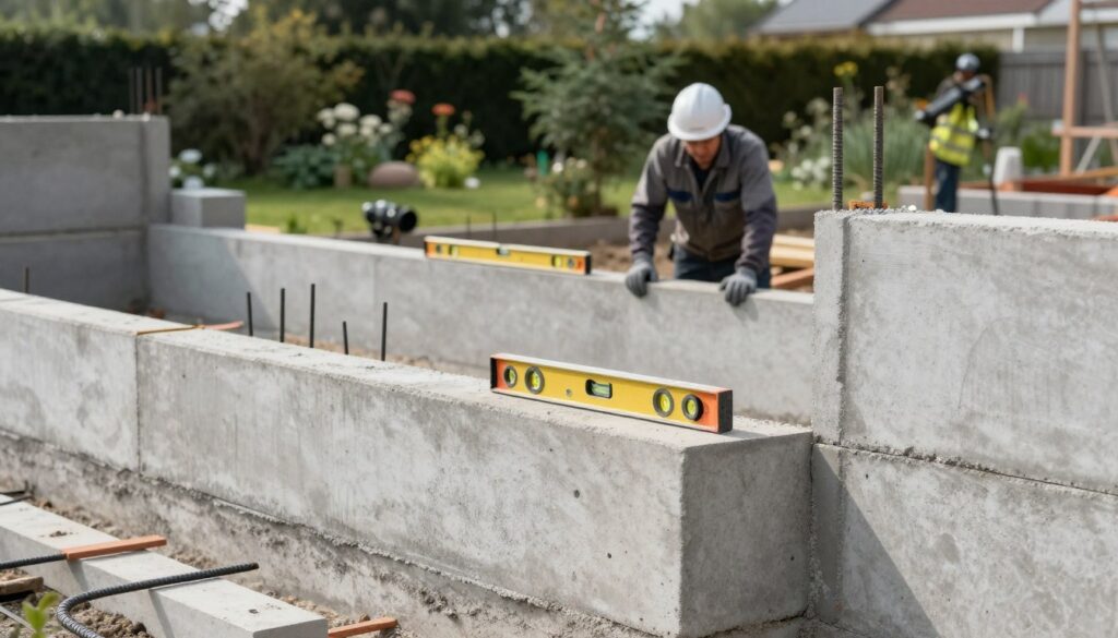 A detailed construction scene showcasing a concrete fence foundation for a "Joniec" style fence. In the foreground, a partially constructed foundation is visible, with neatly placed concrete blocks, leveling tools, and rebar laying in place. The middle ground features a construction worker in professional attire, examining the setup with a focused expression, ensuring precision in the layout. In the background, a lush garden or yard area is slightly blurred, giving a sense of environment while emphasizing the foundation work. The scene is illuminated by soft daylight, casting gentle shadows that add depth and texture to the concrete surfaces. The atmosphere is professional and focused, conveying the importance of stability and preparation in construction.