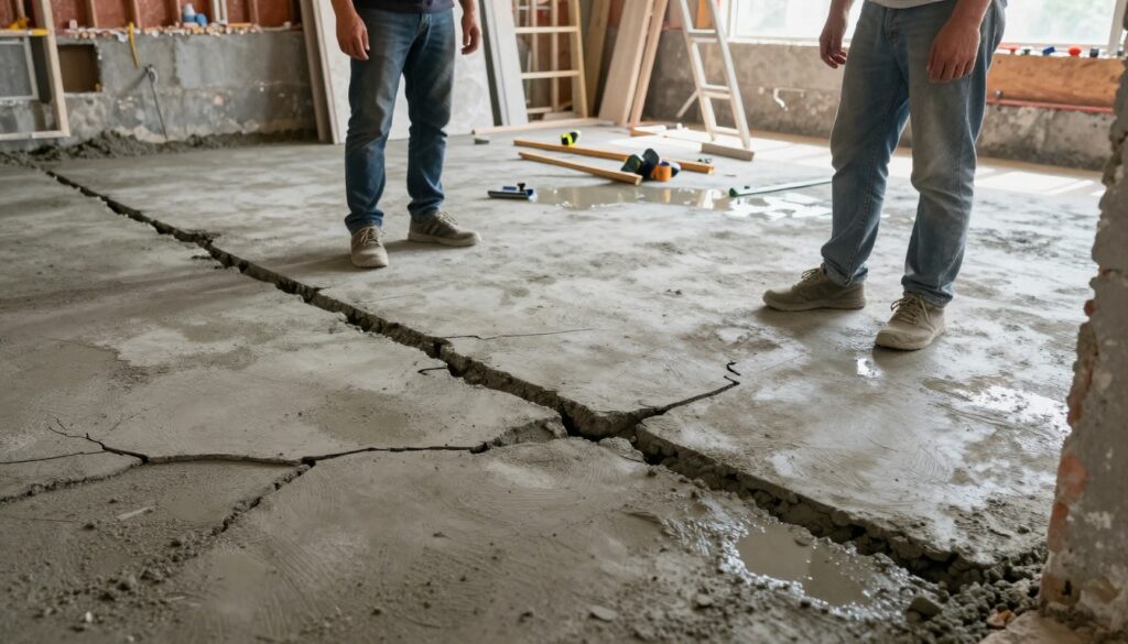 A detailed construction site showcasing common mistakes in flooring installation, focusing on a concrete floor being improperly laid. Foreground features a builder in modest casual clothing, examining a rough, uneven surface with visible cracks and uneven levels. In the middle ground, several mistakes are evident: poorly mixed concrete, puddles of excess water, and inadequate leveling tools scattered around. The background depicts a partially completed workshop with tools and equipment, illuminated by natural light streaming through a window. The overall atmosphere is educational and instructional, emphasizing the importance of correct flooring techniques in a professional setting. The angle captures both the mistakes and the workspace, encouraging viewers to learn from these errors.