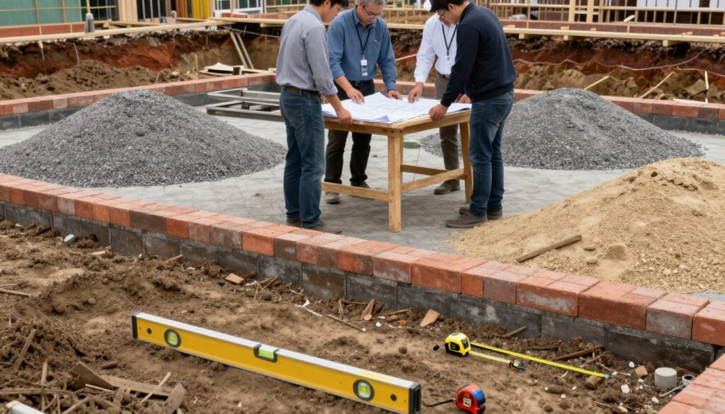 A detailed construction site showcasing the preparation for a brick pavement foundation. In the foreground, a level ground being carefully examined, with measuring tools like a laser level and tape measure visible on the dirt. The middle ground features workers in professional business attire, discussing plans with blueprints spread out on a sturdy wooden table. They are surrounded by piles of gravel and sand, indicating the materials needed for foundation work. In the background, a partially excavated area reveals soil layers in different colors, highlighting geotechnical studies. The setting is illuminated by soft daylight, casting gentle shadows that create a calm, focused atmosphere, ideal for detailed planning. The composition captures the essence of meticulous groundwork preparation. A detailed construction site showcasing the preparation for a brick pavement foundation. In the foreground, a level ground being carefully examined, with measuring tools like a laser level and tape measure visible on the dirt. The middle ground features workers in professional business attire, discussing plans with blueprints spread out on a sturdy wooden table. They are surrounded by piles of gravel and sand, indicating the materials needed for foundation work. In the background, a partially excavated area reveals soil layers in different colors, highlighting geotechnical studies. The setting is illuminated by soft daylight, casting gentle shadows that create a calm, focused atmosphere, ideal for detailed planning. The composition captures the essence of meticulous groundwork preparation.