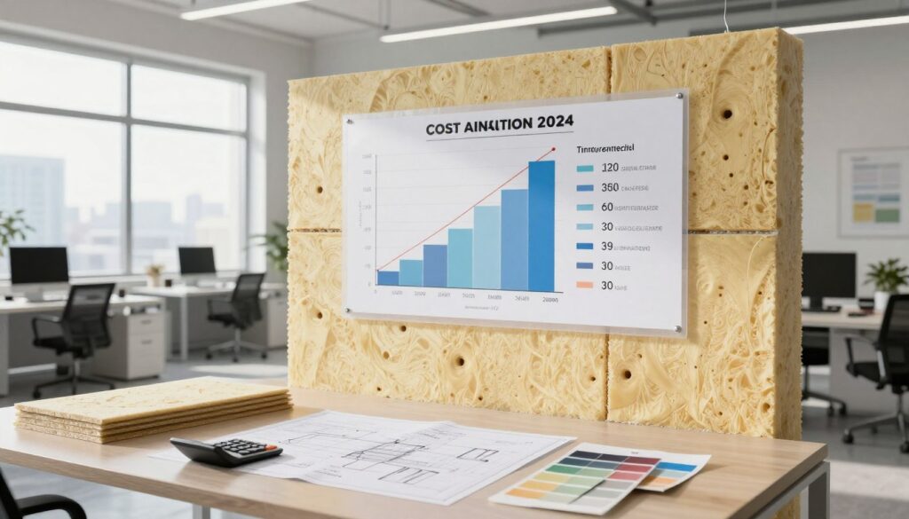 A detailed cost analysis illustration of a wall insulated from both sides. In the foreground, a modern office desk with blueprints, a calculator, and construction materials like insulation boards and paint samples. In the middle ground, a large, transparent display showcasing a graph comparing costs and benefits of dual-sided insulation. The background features a well-lit, professional workspace with large windows, natural light flooding in, and cityscape views. The atmosphere is focused and analytical, with a mood of professionalism and clarity. Use soft lighting to create a welcoming environment, and employ a wide-angle view to capture the space effectively. The image should be devoid of any text or branding elements.