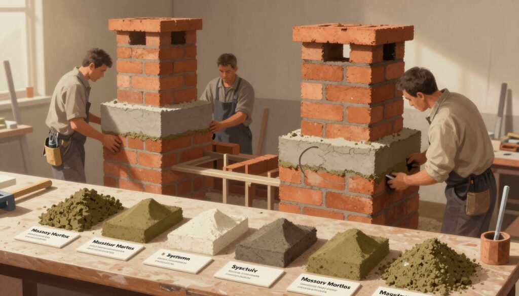 A detailed illustration depicting the classification of masonry mortars suitable for chimney construction. In the foreground, various types of mortar samples are displayed on a workbench, labeled with their compositions and properties. In the middle ground, skilled masons, dressed in modest work attire, are constructing a chimney using bricks and system components, showcasing the application of different mortars. The background features a partially built chimney structure with clear indications of different mortar layers. The lighting is warm and inviting, with soft shadows adding dimension. A wide-angle lens creates depth, emphasizing the craftsmanship involved in chimney construction, invoking a mood of professionalism and expertise in masonry.