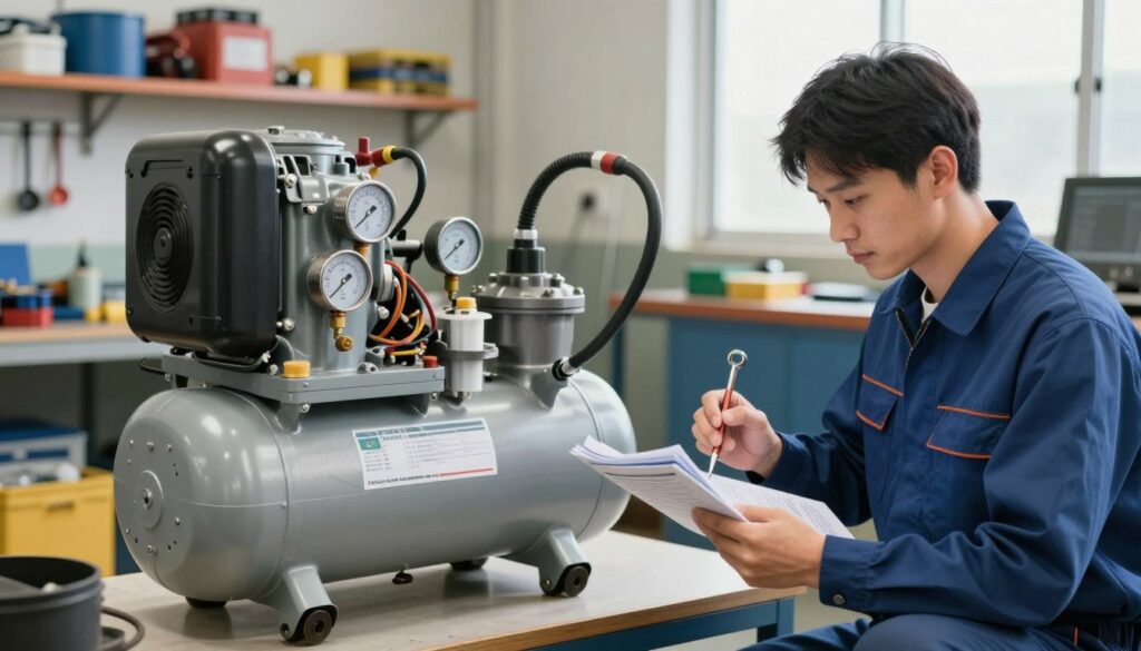 A detailed illustration of essential compressor maintenance requirements for oil-lubricated and oil-free models. In the foreground, a technician in professional attire inspects a compressor, holding tools and a maintenance manual, with a focused expression. The middle section features components of both types of compressors, side by side, highlighting parts like pressure gauges and filters, all well lit to emphasize their functionality. In the background, a workshop environment is visible, showcasing shelves with tools and spare parts, bathed in natural light filtering through a window, creating an atmosphere of diligence and care. The overall mood is informative and professional, aimed at educating the audience on maintenance practices.