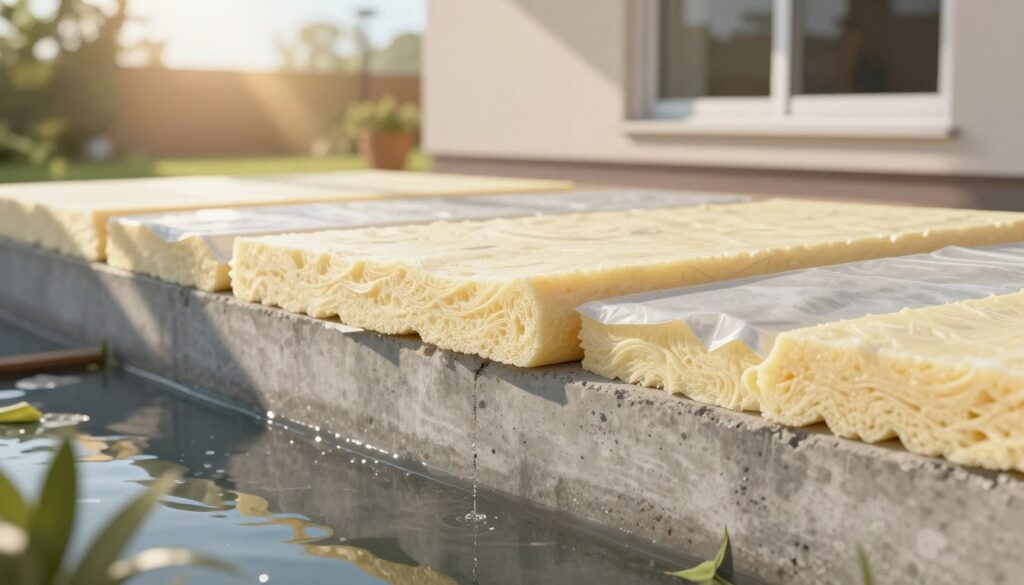 A detailed illustration of foundation insulation, highlighting its importance in protecting a building from moisture. In the foreground, showcase a close-up view of thick, high-quality insulation materials, such as foam or membranes, applied to a sturdy concrete foundation wall. The middle ground should display water gathering near the base of the wall, emphasizing the contrast between wet and insulated surfaces. In the background, depict a simple home structure, partly obscured by greenery, with sunlight streaming down to create a warm and hopeful atmosphere. Use a soft-focus effect to enhance the depth and perspective, capturing the protective role of the insulation while conveying a sense of security and stability.