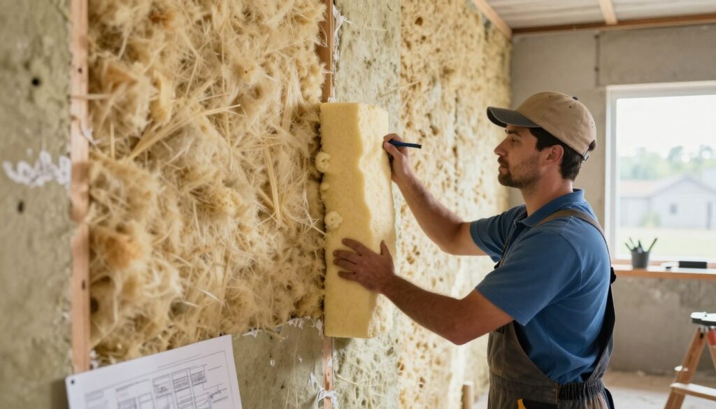 A detailed illustration of two contrasting wall sections featuring insulation materials being installed. In the foreground, a skilled contractor, dressed in professional work attire, meticulously applies insulation foam to one side of a wall, their focused expression showcasing expertise. In the middle, the two walls are depicted with various insulation types visible: mineral wool on one side and rigid foam on the other, demonstrating the differences in material texture and application. The background includes a well-lit room with construction tools and blueprints scattered around, highlighting an active work environment. Natural daylight streams through a window, creating a bright, inviting atmosphere that emphasizes the importance of optimal insulation choices. This scene conveys a sense of professionalism and dedication to quality construction.