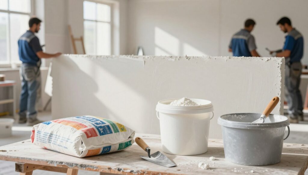 A detailed, professional workspace showcasing both gypsum plaster and smooth plaster. In the foreground, a well-organized table displays a bag of gypsum plaster and a container of smooth plaster, with a trowel and a mixing bucket nearby. The middle layer features a freshly prepared wall section, half coated with gypsum plaster and half with smooth plaster, illustrating the texture differences. In the background, a bright, well-lit construction site with workers in professional attire applying the materials, highlighting their techniques and tools. The atmosphere conveys a sense of productivity and precision, with natural sunlight streaming through windows, casting soft shadows. The image should focus on clarity and detail, capturing the nuances of each material's texture and application process.