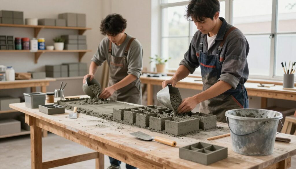 A detailed scene showcasing amateur concrete paver production in a workshop setting. In the foreground, a sturdy wooden workbench is cluttered with tools such as a trowel, mold, and mixing bucket, highlighting the hobbyist's craftsmanship. The middle section features two focused individuals in work attire, one pouring concrete into molds while the other mixes materials, demonstrating the step-by-step process. The background includes shelves filled with finished pavers and raw materials, illuminated by soft, natural light streaming through large windows, creating a warm and inviting atmosphere. The overall mood is one of creativity and dedication, emphasizing the hands-on nature of producing high-quality concrete blocks.
