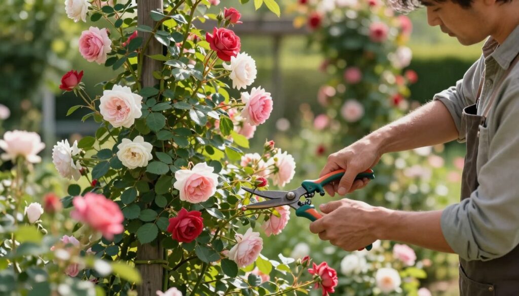 A detailed, serene garden scene showcasing techniques for pruning climbing roses, featuring a focus on ramblers and climbers. In the foreground, a skilled gardener, dressed in modest casual attire, delicately trims the roses with precision pruning shears, focusing on the intricate branching of the plants. The middle ground reveals lush climbing rose vines adorned with vibrant blossoms in various shades of pink, red, and white, intermixed with green foliage. In the background, a softly blurred trellis supports the roses, while dappled sunlight filters through the leaves, creating an inviting and tranquil atmosphere. The overall mood is one of nurturing and careful cultivation, highlighting the importance of proper pruning techniques for vigorous blooming.