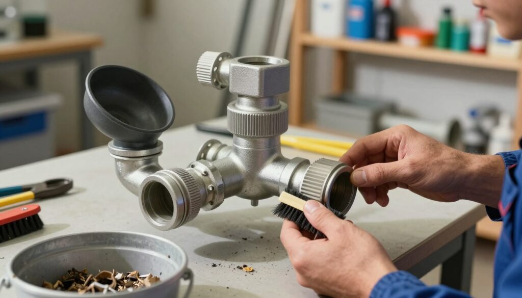 A detailed view of a syfonu, showcasing its intricate components, including the trap, clean-out plug, and drain pipe connections. The foreground features a mechanic's hands carefully inspecting and cleaning the syfonu with tools like a small brush and a bucket for collecting debris. In the middle, the syfonu is artfully arranged on a workbench, surrounded by plumbing tools. The background displays a softly lit workshop environment with neutral tones and shelves stocked with plumbing supplies. The overall atmosphere should convey a sense of professionalism and thoroughness, emphasizing the mechanical aspect of declogging and maintaining plumbing systems. Use natural lighting to create depth and shadows, focusing on the textures of the materials involved.
