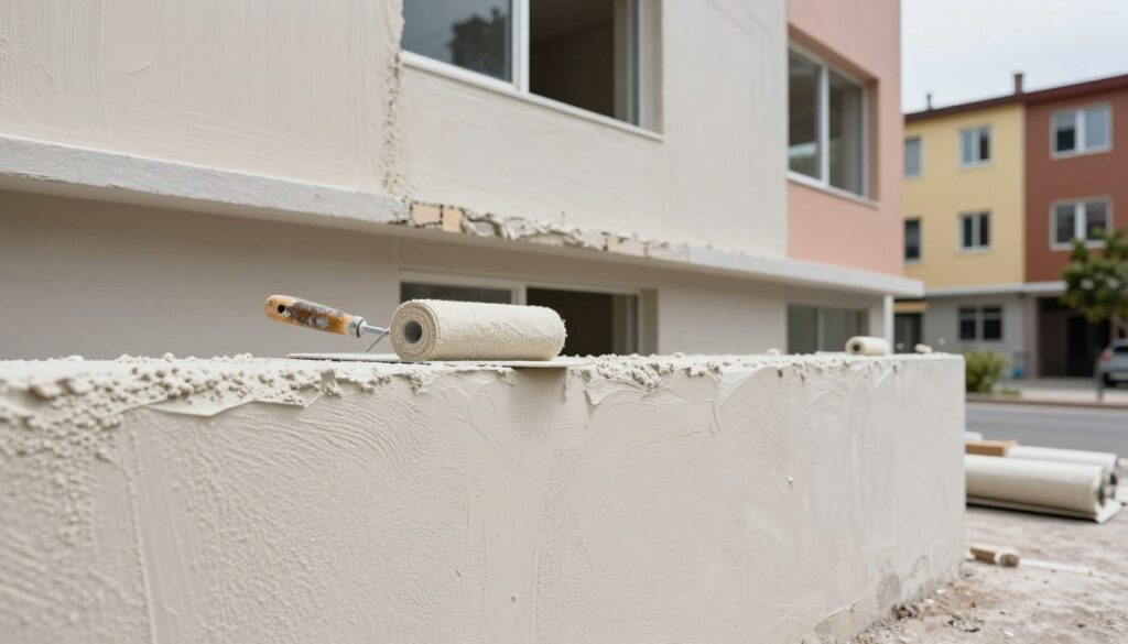 A detailed visual representation of ideal parameters for plinth plastering for building facades. In the foreground, showcase a close-up of a textured sample of plinth plaster, emphasizing its water-resistant properties and cleanliness with a smooth finish. The middle layer should feature a partially constructed facade, highlighting the application process of the plaster with tools like trowels and rolls, demonstrating its technical application. In the background, include a vibrant urban setting with various buildings, focusing on their lower sections, where the plinth plaster is effectively protecting against water and dirt. Use soft, natural lighting that enhances the colors of the plaster and buildings, creating a professional atmosphere. The perspective should be slightly angled to draw attention to the texture and quality of the plinth plaster, while maintaining a clear focus.