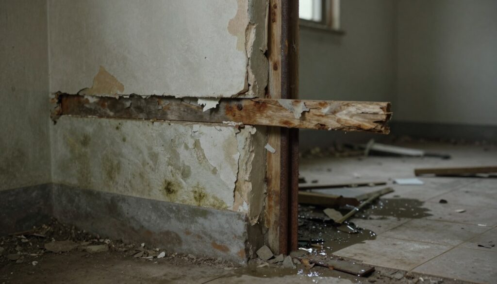 A deteriorating building corner showing the destructive effects of moisture on its structure. In the foreground, depict a crumbling wall with visible mold and peeling paint, highlighting the impact of dampness. In the middle ground, illustrate warped wooden beams and rusted metal reinforcements, emphasizing corrosion and decay. The background features a dimly lit, abandoned interior, with cracked tiles and pooling water seeping through the floor. Use soft, diffused lighting to create a somber atmosphere, and shoot from a low angle to accentuate the height of the damaged wall. The overall mood should evoke a sense of neglect and the urgent need for remediation. Avoid any human figures to maintain focus on the damage.