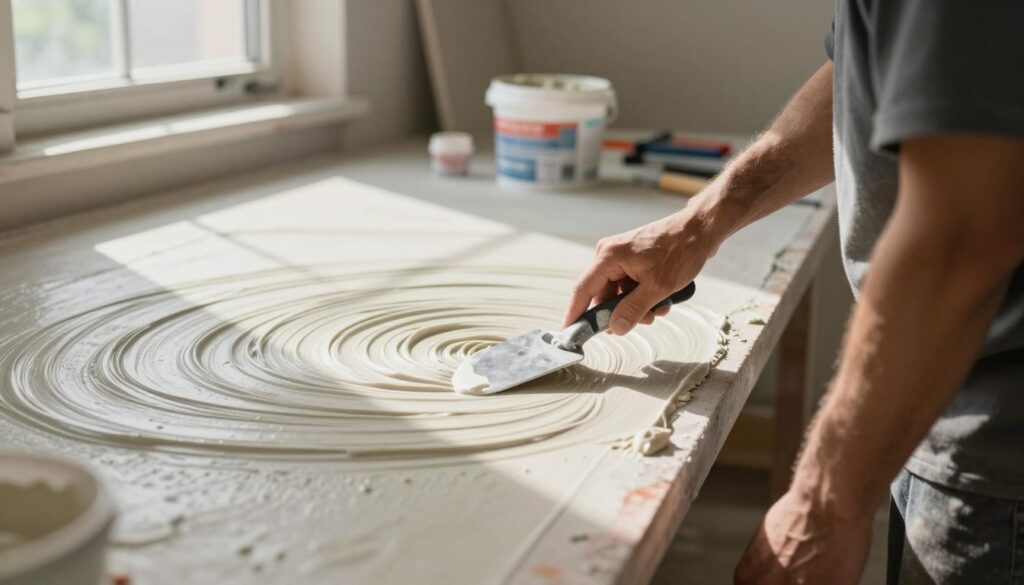 A focused construction scene showcasing the technique of smoothing silicone plaster, with a skilled worker in modest casual attire expertly applying a trowel to a freshly applied, textured silicone surface. In the foreground, the worker’s hand holds the trowel in a precise angle, demonstrating careful technique. The middle ground features a partially completed wall with visible swirls and patterns of the silicone plaster, creating a sense of depth. In the background, an organized workspace is indicated by tools and buckets of silicone plaster, subtly blurred to emphasize the worker’s actions. Soft daylight bursts through an open window, casting gentle shadows that enhance the scene’s dimensionality, evoking a serene and focused atmosphere.