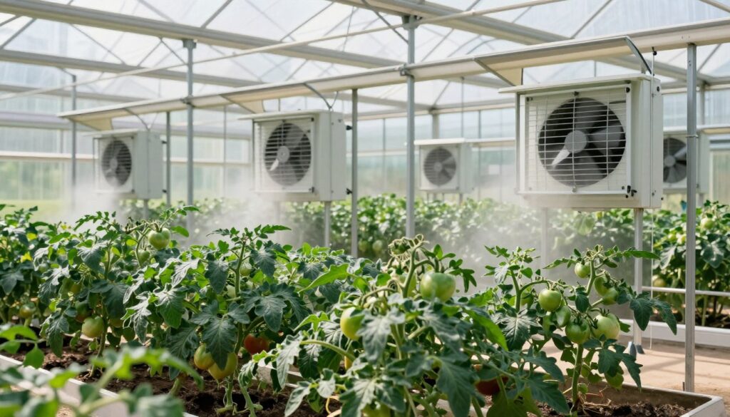 A greenhouse environment showcasing an efficient ventilation system, with large, adjustable vents opened to let fresh air circulate. In the foreground, vibrant green tomato plants thrive, their lush leaves and ripe fruits glistening under soft, diffused sunlight. The middle features multiple ventilation fans operating quietly, strategically positioned to create a gentle breeze among the plants. The background includes the transparent panels of the greenhouse, allowing bright natural light to flood in while casting soft shadows on the ground. The atmosphere is serene yet productive, evoking a sense of harmony between technology and nature, ideal for growing healthy plants and yielding abundant harvests. A greenhouse environment showcasing an efficient ventilation system, with large, adjustable vents opened to let fresh air circulate. In the foreground, vibrant green tomato plants thrive, their lush leaves and ripe fruits glistening under soft, diffused sunlight. The middle features multiple ventilation fans operating quietly, strategically positioned to create a gentle breeze among the plants. The background includes the transparent panels of the greenhouse, allowing bright natural light to flood in while casting soft shadows on the ground. The atmosphere is serene yet productive, evoking a sense of harmony between technology and nature, ideal for growing healthy plants and yielding abundant harvests.