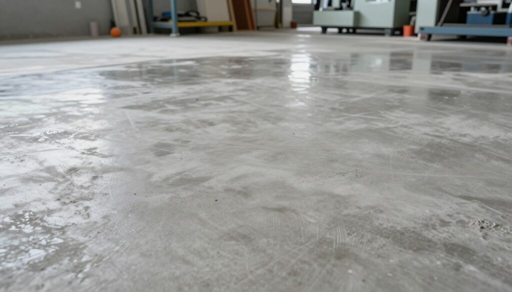 A high-resolution image of a concrete floor in a workshop, showcasing its wear resistance and durability. In the foreground, a close-up view of the textured concrete surface, displaying subtle scratches and marks to illustrate its resistance to abrasion. The middle ground features various protective coatings applied to the concrete, glistening under the soft workshop lighting, emphasizing their effectiveness. In the background, a well-organized workshop with tools and machinery can be seen, creating an atmosphere of productivity and professionalism. The lighting is bright yet soft, highlighting the floor's texture while casting gentle shadows. The scene conveys a sense of strength and durability, perfect for demonstrating the methods of surface protection against damage.