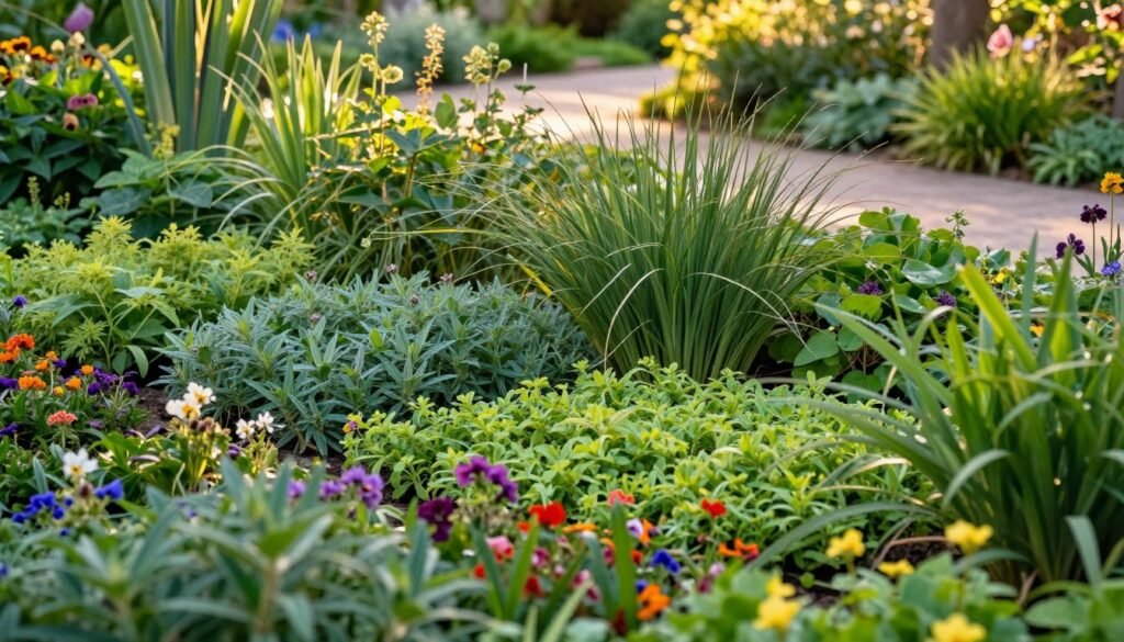 A lush garden featuring vibrant greenery, focusing on a lively natural edge made of various plants, such as low-growing flowers, ornamental grasses, and creeping groundcovers. In the foreground, a variety of colorful blooms create a soft, textured border, while in the middle, neatly arranged plants showcase their diverse forms and textures, intertwining with one another. The background reveals a sunlit path, gently illuminated by warm golden hour light, enhancing the tranquil outdoor setting. The atmosphere is peaceful and inviting, aimed at inspiring a sense of harmony and connection with nature. Captured from a low angle, the image emphasizes the detailed foliage, creating a serene yet dynamic garden scene, devoid of any text or markings.