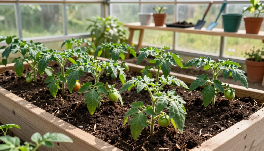A lush greenhouse scene with vibrant tomato plants growing in rich, dark soil. In the foreground, there are well-prepared raised beds filled with organic compost and nutrient-rich soil, showcasing the ideal substrate for healthy tomatoes. The middle ground features rows of robust tomato seedlings, some with small green fruit, basking under warm, natural sunlight filtering through the glass panels of the greenhouse. The background includes shelves with gardening tools and pots, adding a practical touch. Soft shadows created by the sunlight emphasize the verdant greenery. The atmosphere is serene and inviting, promoting a sense of dedication to gardening and growth, captured from a slightly elevated angle to provide a comprehensive view. A lush greenhouse scene with vibrant tomato plants growing in rich, dark soil. In the foreground, there are well-prepared raised beds filled with organic compost and nutrient-rich soil, showcasing the ideal substrate for healthy tomatoes. The middle ground features rows of robust tomato seedlings, some with small green fruit, basking under warm, natural sunlight filtering through the glass panels of the greenhouse. The background includes shelves with gardening tools and pots, adding a practical touch. Soft shadows created by the sunlight emphasize the verdant greenery. The atmosphere is serene and inviting, promoting a sense of dedication to gardening and growth, captured from a slightly elevated angle to provide a comprehensive view.