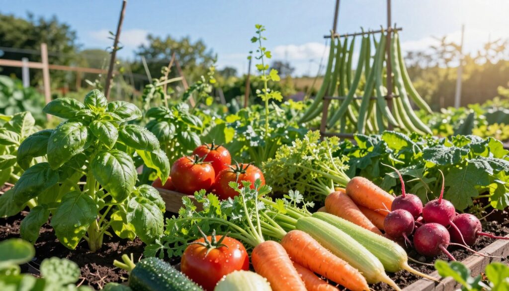 A lush vegetable garden in a sunny setting, showcasing various companion plants strategically positioned beside each other for optimal growth: vibrant tomatoes with leafy green basil, sturdy carrots alongside delicate radishes, and healthy beans climbing up a trellis. The foreground features plump, colorful vegetables ready for harvest, detailed with morning dew. In the middle, the diverse plants are arranged harmoniously, showcasing their compatibility. The background includes a clear blue sky, gentle sunlight streaming through, casting soft shadows that enhance the garden's vivid colors. The atmosphere is tranquil and nurturing, evoking the joy of gardening and the promise of a fruitful harvest. No people are included in the scene; focus is solely on the plants.