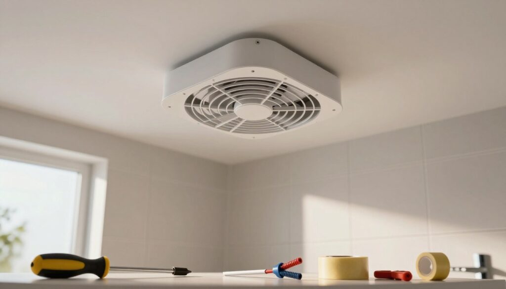 A modern bathroom scene featuring a sleek, contemporary bathroom fan mounted on the ceiling above a clean, tiled wall. In the foreground, display essential tools for installation, including a screwdriver, electrical tape, and wire connectors, arranged neatly on a work surface. In the middle ground, focus on the fan with its clean lines and metallic finish, casting soft shadows on the tiles below. The background should subtly showcase a spacious and well-lit bathroom, with a hint of natural daylight streaming in through a frosted window, creating a warm and inviting atmosphere. Use a slightly overhead angle to emphasize the fan, ensuring the lighting highlights its design without harsh contrasts, evoking a sense of order and readiness for installation.