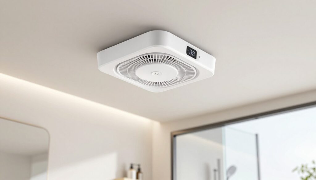 A modern bathroom with a sleek, ceiling-mounted exhaust fan featuring a built-in humidity sensor. In the foreground, show the detailed design of the fan, highlighting its smooth edges and modern finish. Include a small digital display on the fan indicating humidity levels. In the middle ground, have a stylish vanity area with minimalist decor, soft white lighting illuminating the scene. The walls should be light-colored, creating a clean and airy atmosphere. In the background, depict a frosted glass shower door, suggesting the space is functional yet visually appealing. The angle should be slightly tilted upward to emphasize the fan's position, while the overall mood is fresh, inviting, and focused on modern bathroom efficiency.