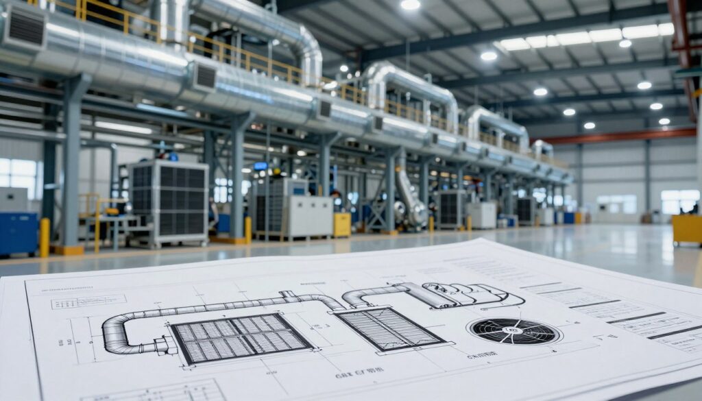 A modern industrial setting showcasing key design parameters of an air ventilation system. In the foreground, a detailed schematic with labeled components of the system, such as ducts, filters, and fans, arranged on a sleek blueprint. In the middle ground, a partially visible large production hall with efficient air circulation in action, featuring vents and overhead systems integrated into the architecture. The background depicts a spacious warehouse with ambient lighting highlighting the professionalism of the environment. The atmosphere is one of innovation and clarity, enhancing the focus on functionality and compliance with workplace regulations. Use a wide-angle perspective to capture the scale and complexity, emphasizing clean lines and a contemporary industrial design. The scene is devoid of any text or watermarks.