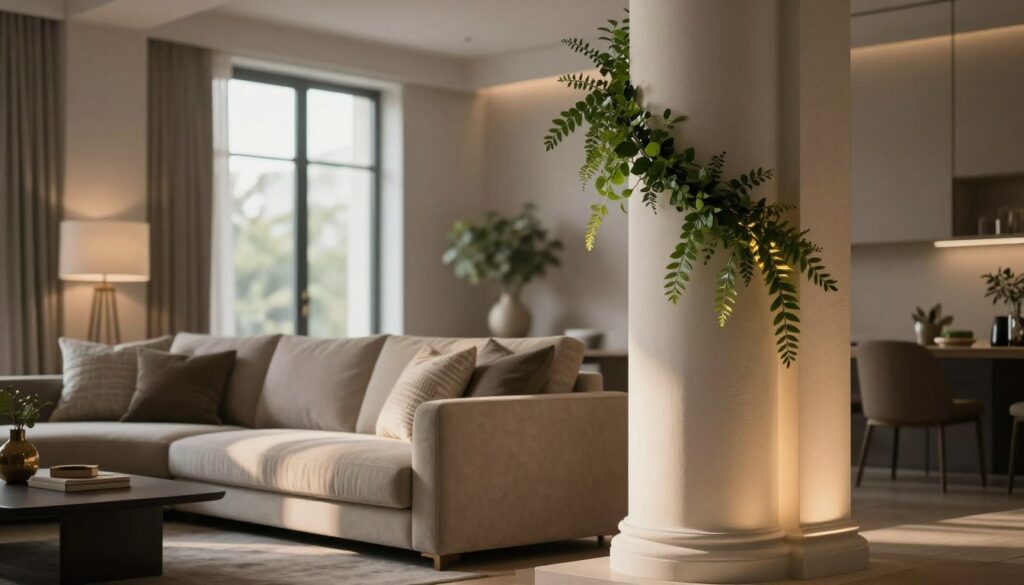 A modern interior scene showcasing a beautifully decorated column in a stylish living room. In the foreground, the column is adorned with elegant greenery and subtle lighting that highlights its architectural features. The middle ground features a cozy seating area with a plush sofa and decorative cushions, complementing the column's aesthetics. Soft, ambient lighting creates a warm atmosphere, while a large window in the background allows natural light to filter in, casting gentle shadows. The walls are painted in neutral tones, enhancing the sophisticated vibe. The image captures a harmonious blend of structural potential and interior design style, inviting viewers to appreciate how the column enhances the overall space. Aim for a professional, serene atmosphere with careful attention to detail.