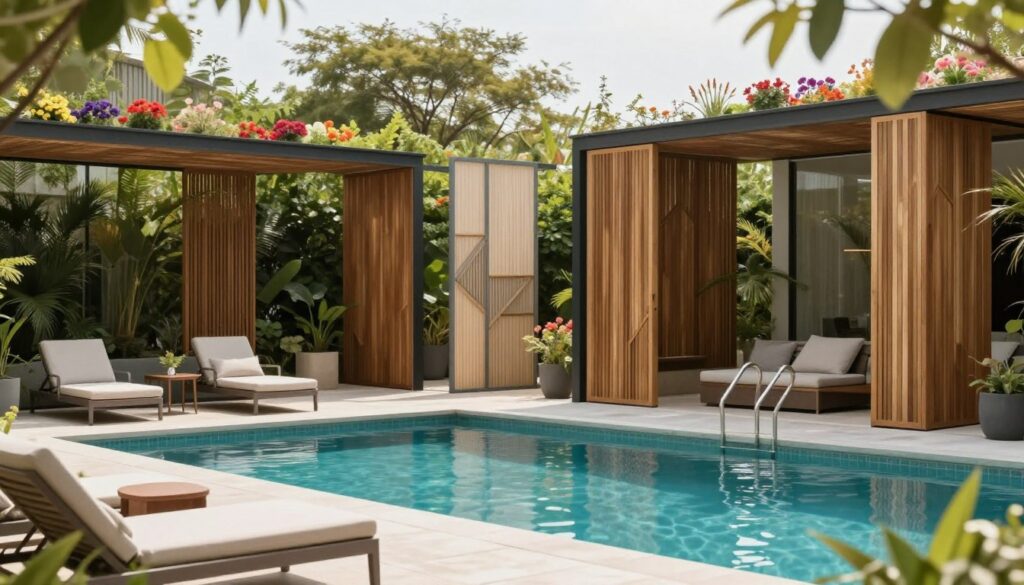 A modern outdoor swimming pool surrounded by sleek, contemporary privacy screens made of wood and glass, creating an elegant and serene atmosphere. The foreground features stylish lounge chairs and a small, tasteful table. In the middle ground, various tall screens with geometric designs gently sway in a light breeze, enhancing the sense of enclosure. The background consists of lush greenery and colorful blooming flowers that frame the scene, providing a vibrant contrast to the modern elements. Soft, natural sunlight filters through, casting gentle shadows and creating a warm, inviting ambiance. The overall mood is tranquil and sophisticated, ideal for private relaxation. A modern outdoor swimming pool surrounded by sleek, contemporary privacy screens made of wood and glass, creating an elegant and serene atmosphere. The foreground features stylish lounge chairs and a small, tasteful table. In the middle ground, various tall screens with geometric designs gently sway in a light breeze, enhancing the sense of enclosure. The background consists of lush greenery and colorful blooming flowers that frame the scene, providing a vibrant contrast to the modern elements. Soft, natural sunlight filters through, casting gentle shadows and creating a warm, inviting ambiance. The overall mood is tranquil and sophisticated, ideal for private relaxation.