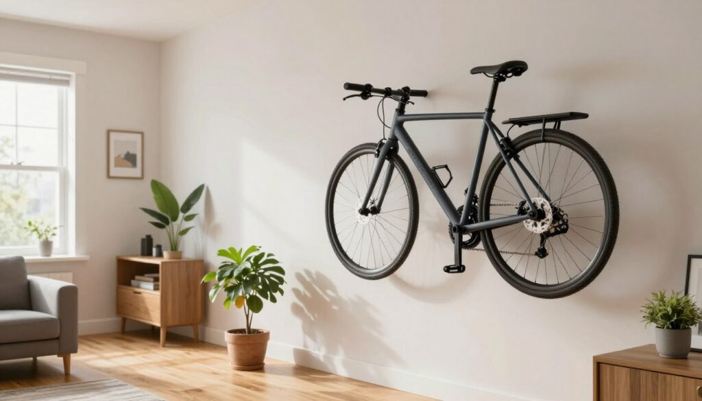 A modern, stylish home interior featuring a bicycle elegantly hung on a wall, highlighting smart space-saving techniques. In the foreground, a sleek, contemporary bicycle is suspended using a minimalist wall rack, with visible hooks and mounts. The middle ground showcases a clean, organized living space with wooden flooring and a small potted plant beside the bicycle for added warmth. In the background, a light-filled room with soft, natural daylight filtering through a window, illuminating the bicycle and enhancing its colors. The overall atmosphere is both functional and aesthetically pleasing, conveying a sense of order and creativity in home organization. The scene captures the essence of practicality and design.