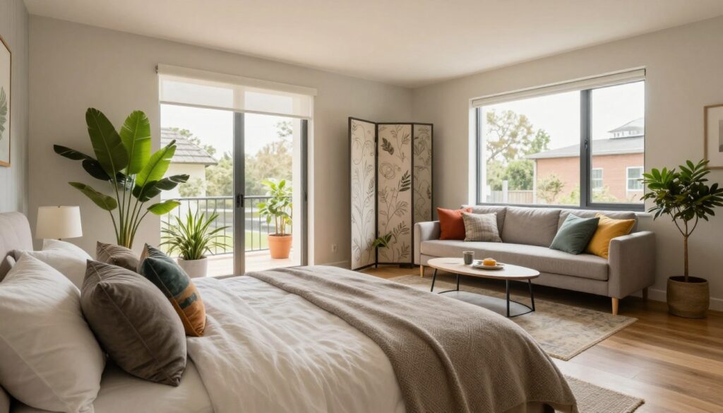 A modern, stylish room that cleverly combines a bedroom and a living area, showcased in a functional design. In the foreground, a cozy bed with neatly arranged pillows, soft blankets in neutral tones. The middle section features a contemporary sofa adorned with colorful cushions, positioned near a small coffee table. Between the bed and sofa, a decorative room divider with elegant patterns subtly separates the two spaces. In the background, large windows let in warm, natural light, creating a bright and airy atmosphere. A few indoor plants add a touch of greenery. The overall mood is calm and inviting, emphasizing functionality without sacrificing style. Shot with a wide-angle lens for an expansive view, highlighting the thoughtful design elements.