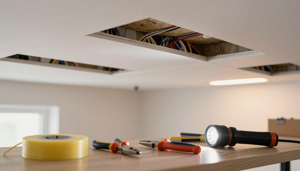 A modern suspended ceiling installation in a well-lit room, showcasing various tools essential for pulling cables, such as a wire fish tape, pliers, and a flashlight. In the foreground, neatly arranged tools are on a polished workbench. The middle ground features a partially opened suspended ceiling tile, revealing the intricate systems of wires and insulation above. The background highlights a light fixture casting soft, warm light to create a professional atmosphere. The scene is captured from a slightly elevated angle, providing depth, with a clean and organized workspace that emphasizes precision and efficiency. The overall mood is focused and industrious, ideal for a DIY setting.
