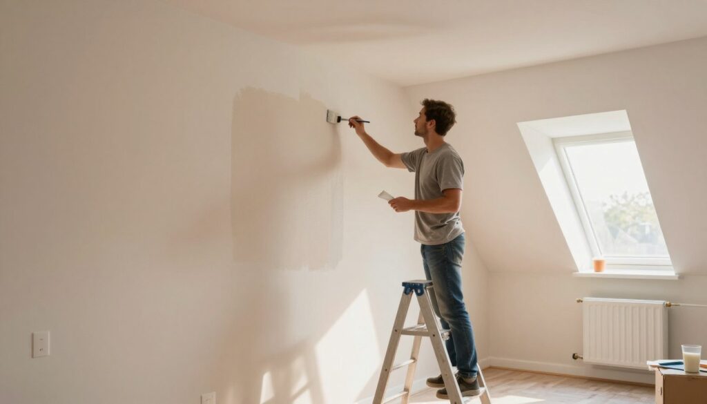 A neatly designed bedroom featuring sloped ceilings, with one side painted a soft, light color to enhance the brightness and illusion of space. In the foreground, a skilled painter in modest casual clothing is standing on a ladder, carefully brushing paint onto the angled walls, showcasing a focused expression. The middle area includes a partially painted wall, demonstrating the before-and-after effect. In the background, natural light streams in through a window, illuminating the room and casting gentle shadows, creating a warm and inviting atmosphere. The overall mood is one of transformation and creativity, emphasizing the importance of color choices in optimizing room proportions. The angle captures both the painter and the unique ceiling design effectively.