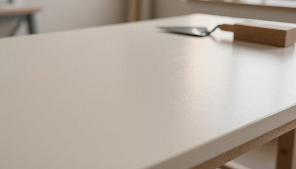 A perfectly smooth surface, elegantly illuminated to reflect its flawless texture, sits prominently in the foreground. The surface, resembling a freshly applied layer of plaster or joint compound, showcases an ultra-smooth finish, with subtle reflections and no visible imperfections. In the middle ground, soft shadows and highlights enhance the curvature and depth of the surface, creating a sense of dimension. The background features a minimalist workshop setting, with tools like a trowel and sanding block subtly placed, hinting at the crafting process without distracting from the main subject. Natural lighting casts a warm tone, evoking a sense of professionalism and care in achieving a long-lasting, impeccable finish.