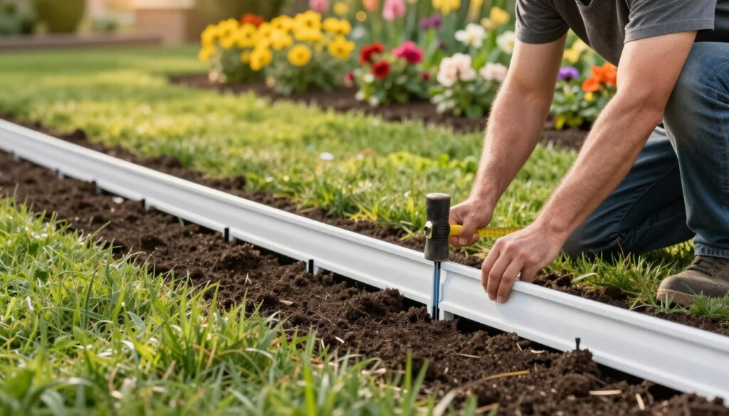 A pristine garden scene showcasing the process of securing plastic lawn edging. In the foreground, a neatly installed section of the plastic edge is firmly anchored into rich, dark soil, with small stakes visible at intervals to emphasize stability. Nearby, a professional in modest gardening attire focuses on connecting two sections, using tools like a mallet and measuring tape for precision. The middle ground features fresh green grass contrasting with the dark earth, while a background of vibrant blooming flowers adds visual interest. Soft afternoon sunlight bathes the scene in a warm glow, creating a serene, productive atmosphere. The angle captures the details of the edging installation, reinforcing the theme of proper anchoring and joining techniques.