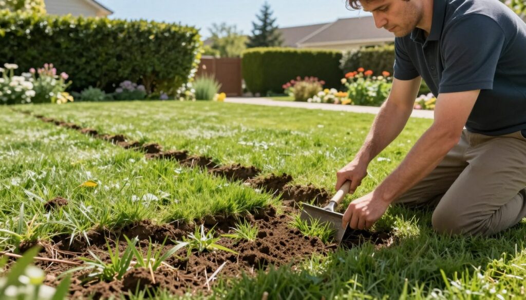 A professional landscaper in modest casual clothing is actively using a garden tool to remove deep ruts and depressions from a lush, green lawn. The foreground shows the landscaper kneeling on the grass, carefully working on the affected areas. In the middle ground, there's a patch of fresh, vibrant grass that contrasts with the surrounding uneven terrain, showcasing the transformation process. The background features a serene suburban garden with neatly trimmed hedges and blooming flowers under a clear blue sky. Soft, natural lighting illuminates the scene, creating a warm and inviting atmosphere. The angle captures both the landscape and the human effort, conveying a sense of dedication to restoring the lawn's aesthetic appeal.