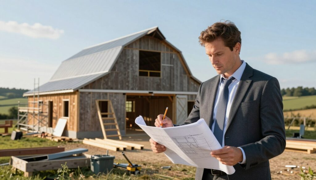 A professional-looking architect stands in the foreground, reviewing blueprints for a barn-to-garage conversion project. The architect, dressed in smart business attire, is focused and engaged, holding a pencil and notepad. In the middle ground, a rustic barn shows signs of renovation, with scaffolding and construction materials like wood beams and metal tools scattered around. The background features a serene countryside landscape, bathed in soft afternoon sunlight, with rolling hills and a clear blue sky. The atmosphere feels industrious yet peaceful, capturing the essence of transformation and compliance with building regulations. The image should be bright and inviting, with dynamic lighting highlighting the details of both the barn structure and the architect's focused expression.